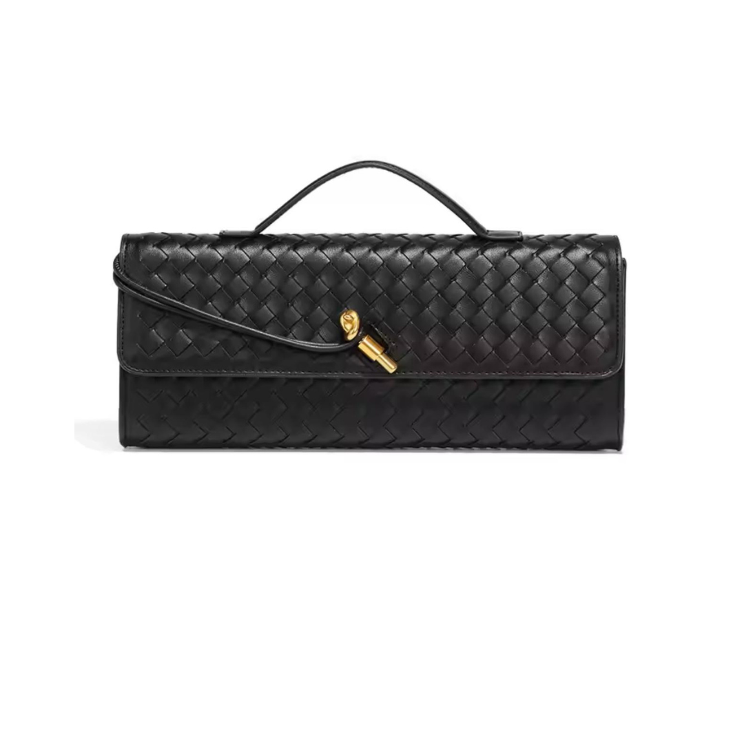 Produktbild der Tasche Fina in Farbe Schwarz auf neutralem Hintergrund - Hochwertige gewebte Umhängetasche für Damen, minimalistisches Design, Premium Clutch mit langem Schulterriemen, ideal für Alltag und besondere Anlässe