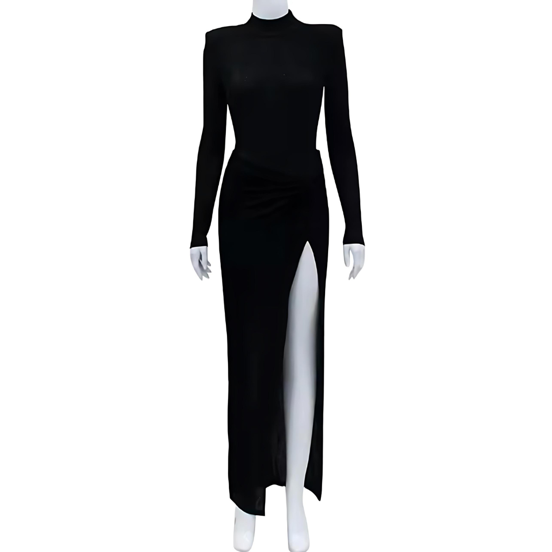 Produktfoto des eleganten Sets Ivy, bestehend aus einem langärmligen Body mit Rollkragen und einem passenden Rock, in Vorderansicht. Der Body bietet einen minimalistischen Look ohne zusätzliche Verzierungen, während der Rock mit einem seitlichen Schlitz einen modernen, eleganten Akzent setzt. Das hochwertige Material sorgt für angenehmen Tragekomfort und eine edle Optik.