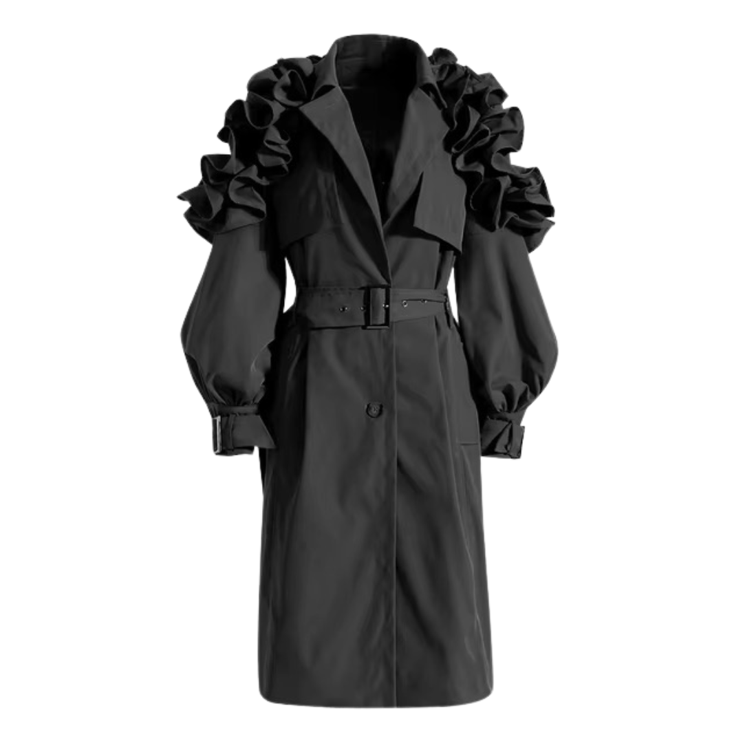 Produktbild Trenchcoat Valeria in Farbe Schwarz Vorderansicht auf neutralem Hintergrund
