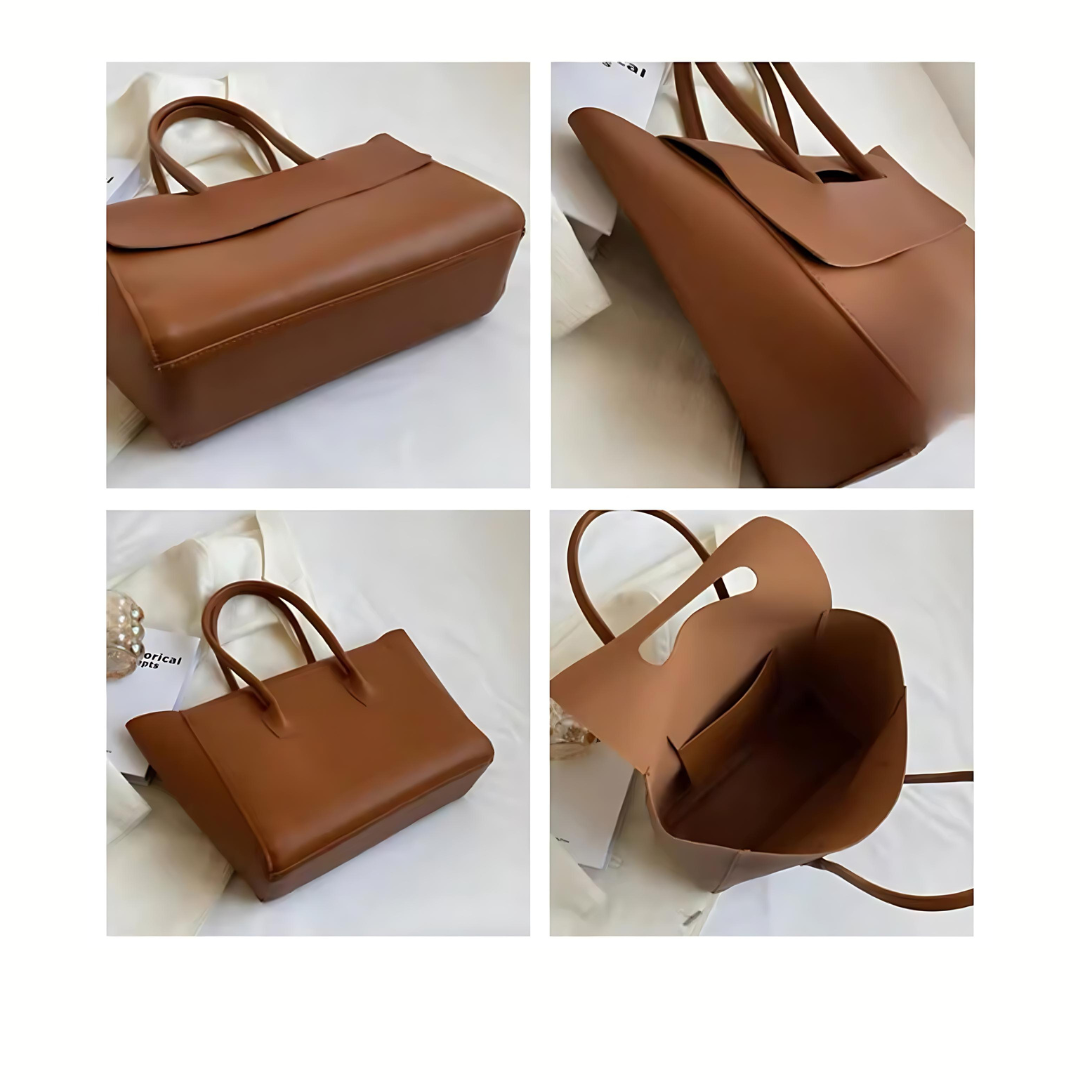 Vintage Shopper in Farbe Braun in vier verschiedenen Positionen – Die großzügige Tasche aus hochwertigem PU-Material wird aus verschiedenen Blickwinkeln gezeigt, einschließlich auf einem Buch, um ihr stilvolles, klassisches Design und ihre vielseitige Einsatzmöglichkeiten zu betonen. Ideal für den täglichen Gebrauch, Shopping oder besondere Anlässe.