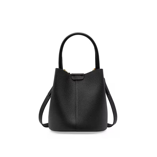 Bucket Bag Noah in Schwarz – Runde Eimer-Tasche aus feinem Rindsleder mit elegantem Design, verstellbarem Schulterriemen und kompakter Größe, ideal für Alltag und besondere Anlässe.