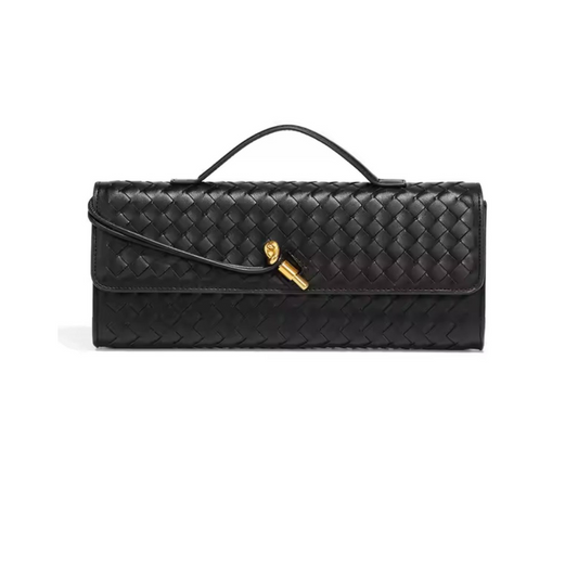 Produktbild der Tasche Fina in Farbe Schwarz auf neutralem Hintergrund - Hochwertige gewebte Umhängetasche für Damen, minimalistisches Design, Premium Clutch mit langem Schulterriemen, ideal für Alltag und besondere Anlässe